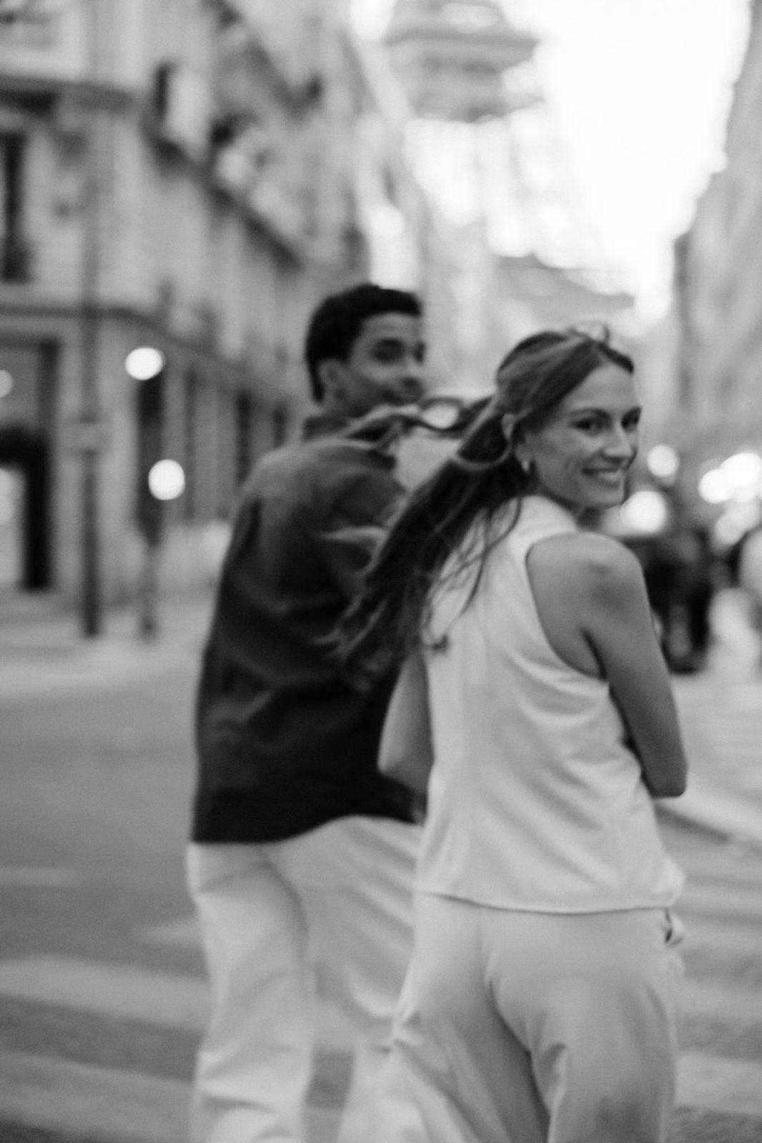 Couple in Paris, blurred black and white portrait