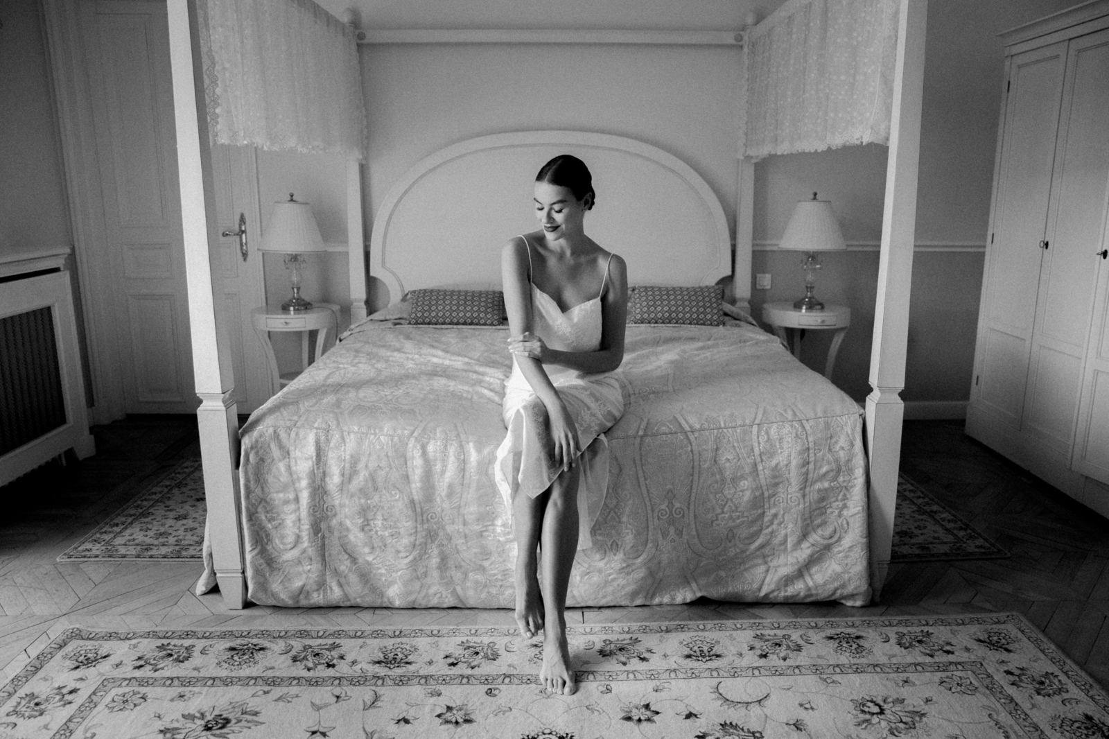 Getting ready in the bridal suite, black and white